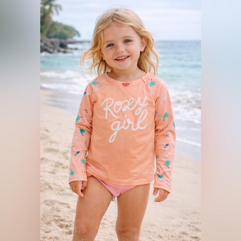 Roxy Girl Peach Long Sleeve Rash Guard Palm Print Surf Swim Top Size 2T